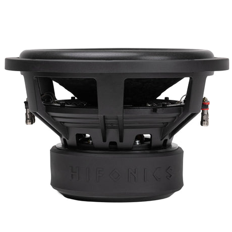 Side view of a Hifonics subwoofer showing the surround, basket, terminals and magnet boot