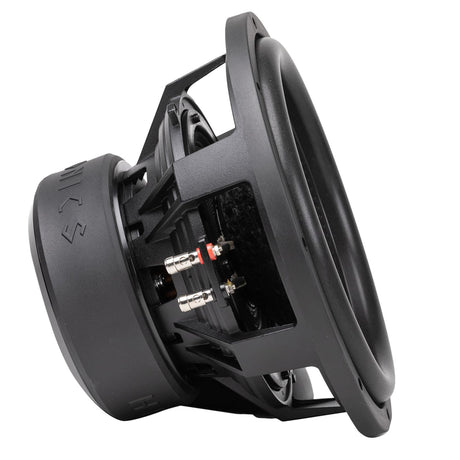 Side of a Hifonics subwoofer showing its open basket and two sets of terminals