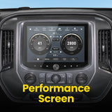 Installed Stinger touchscreen showing a performance dashboard with speed and engine-RPM gauges
