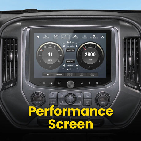 Installed Stinger touchscreen showing a performance dashboard with speed and engine-RPM gauges