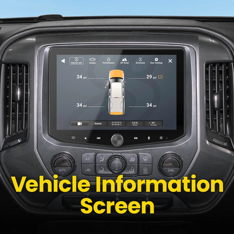 Stinger vehicle-information screen showing a truck diagram and tire-pressure readings