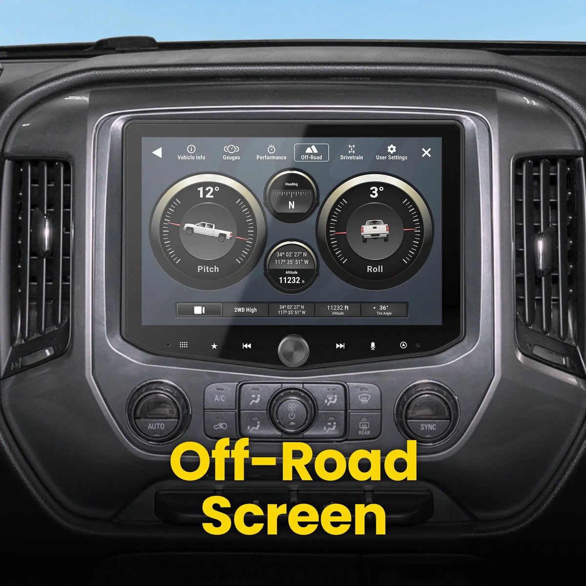 Stinger off-road screen displaying pitch, roll, compass and altitude information