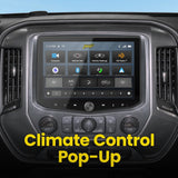 Stinger dashboard touchscreen showing its source menu with a climate-control pop-up