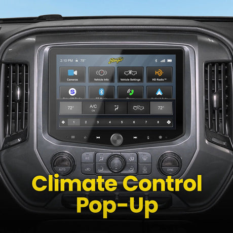 Stinger dashboard touchscreen showing its source menu with a climate-control pop-up