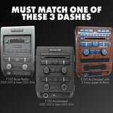 F-150 fitment guide requiring a match to one of three pictured dashboards: base radio, Acclimated, or Acclimated with two upper button rows