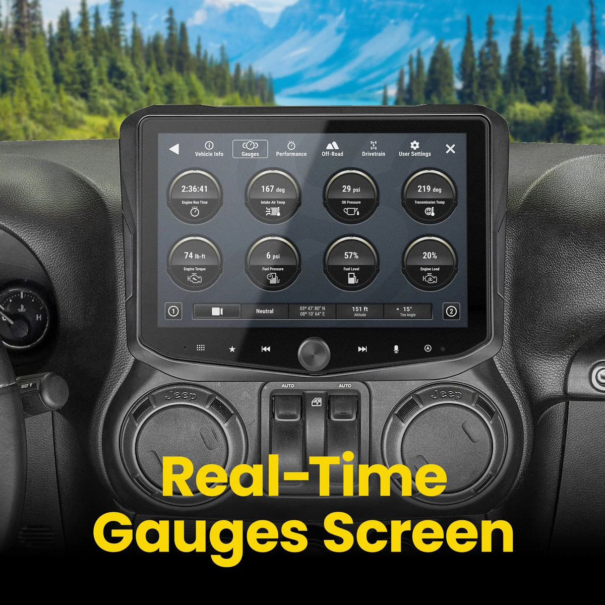 Stinger dashboard touchscreen displaying a page of real-time vehicle gauges