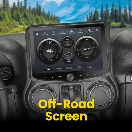 Installed Stinger touchscreen showing an off-road screen with pitch, roll, heading and altitude gauges