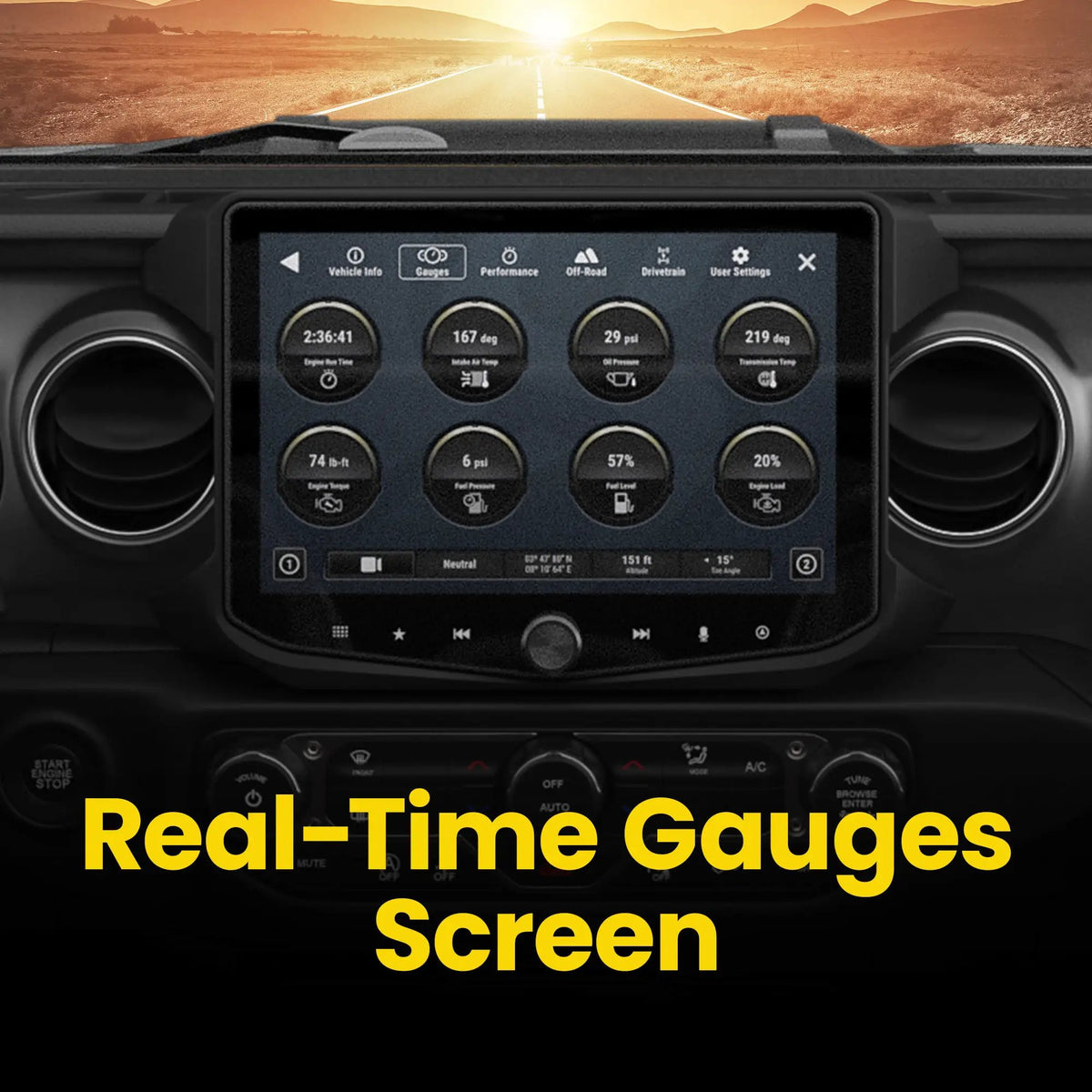 Stinger HORIZON10 in a Jeep Wrangler JL/Gladiator JT dashboard displaying real-time vehicle gauges