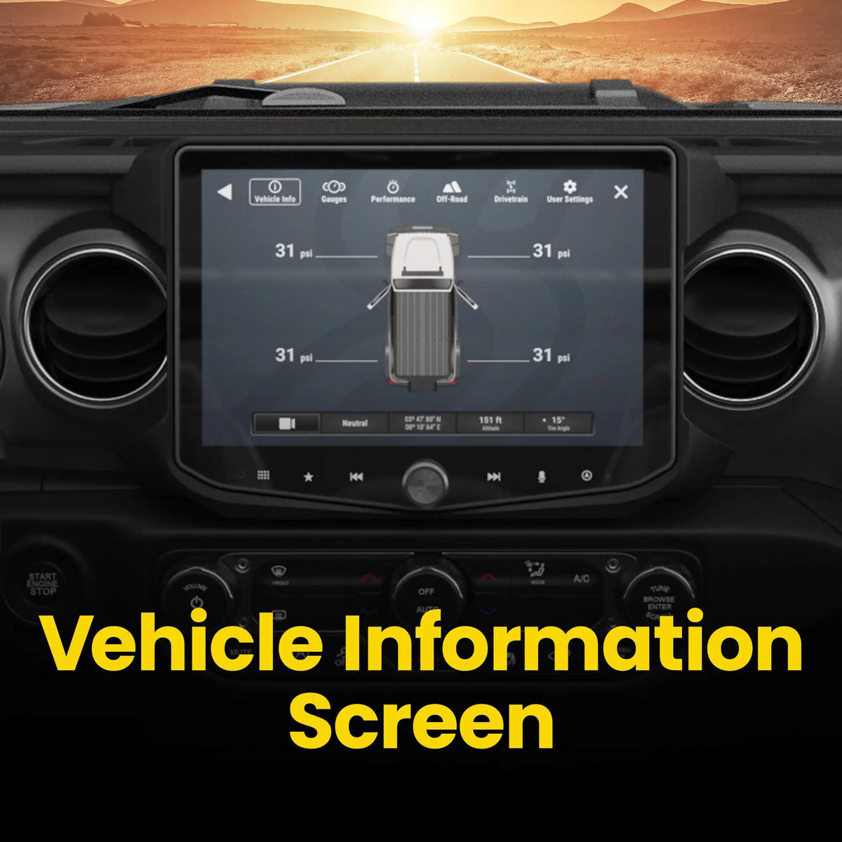 Installed Stinger touchscreen showing vehicle-information and tire-pressure readings