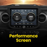 Stinger HORIZON10 in a Jeep Wrangler JL/Gladiator JT dashboard displaying the performance screen with speed and RPM gauges