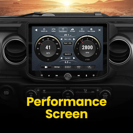 Stinger HORIZON10 in a Jeep Wrangler JL/Gladiator JT dashboard displaying the performance screen with speed and RPM gauges