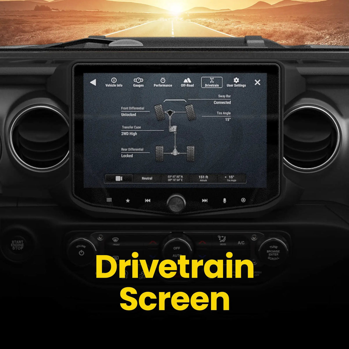 Stinger drivetrain-screen graphic showing differential and transfer-case information in a dashboard with round vents