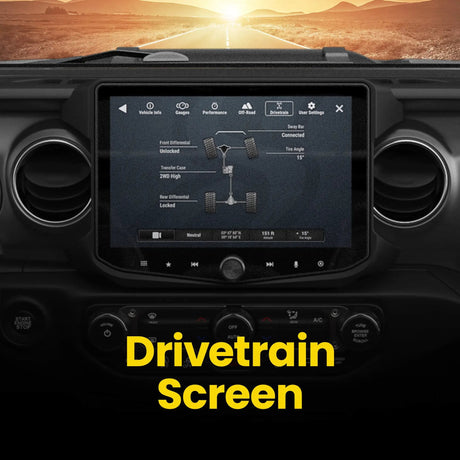 Stinger drivetrain-screen graphic showing differential and transfer-case information in a dashboard with round vents