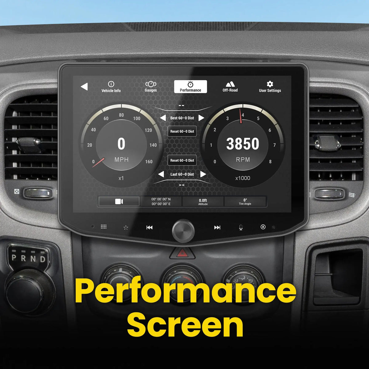 Stinger performance screen showing speed, engine RPM and acceleration-test controls