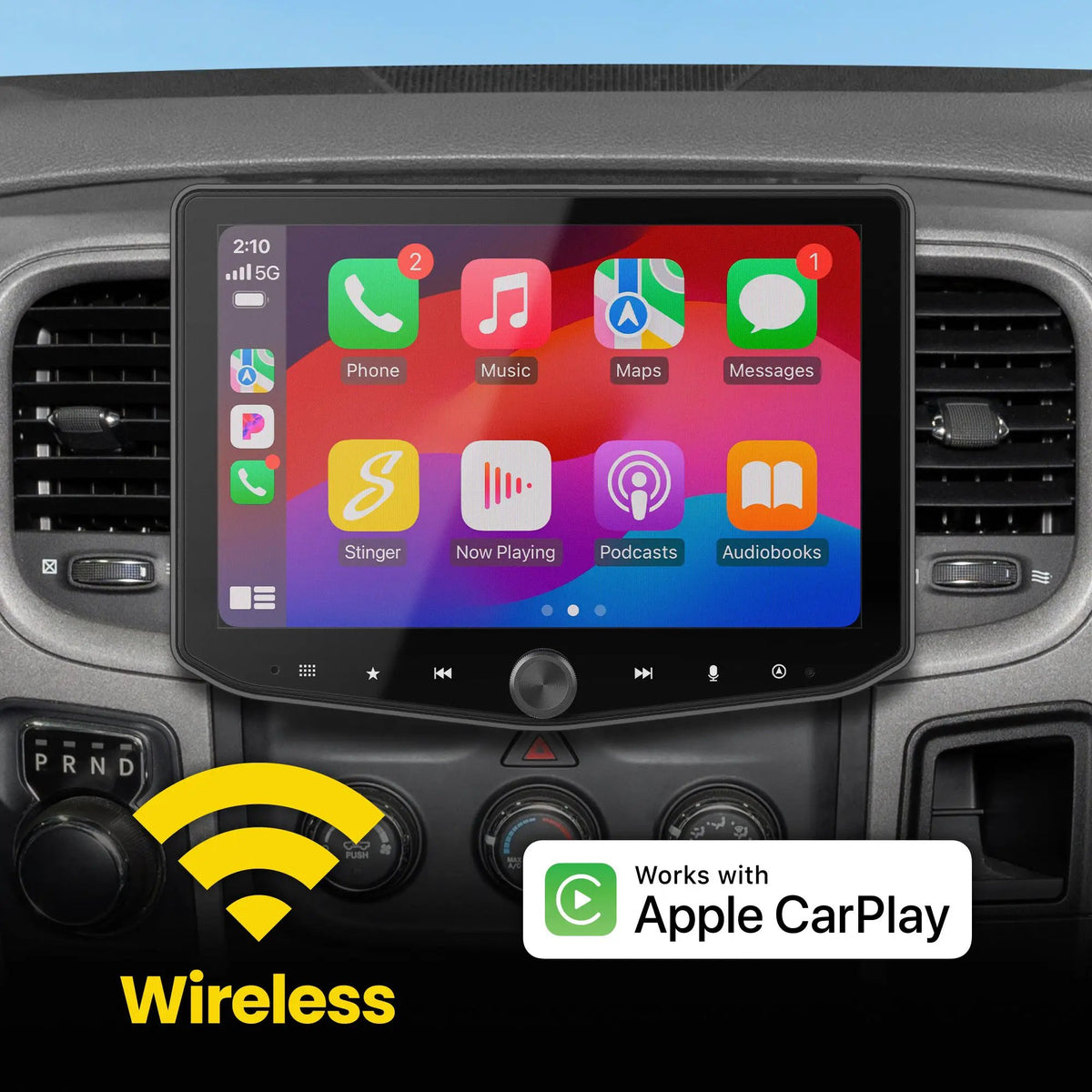Dashboard-mounted Stinger touchscreen showing Apple CarPlay apps in a wireless CarPlay graphic