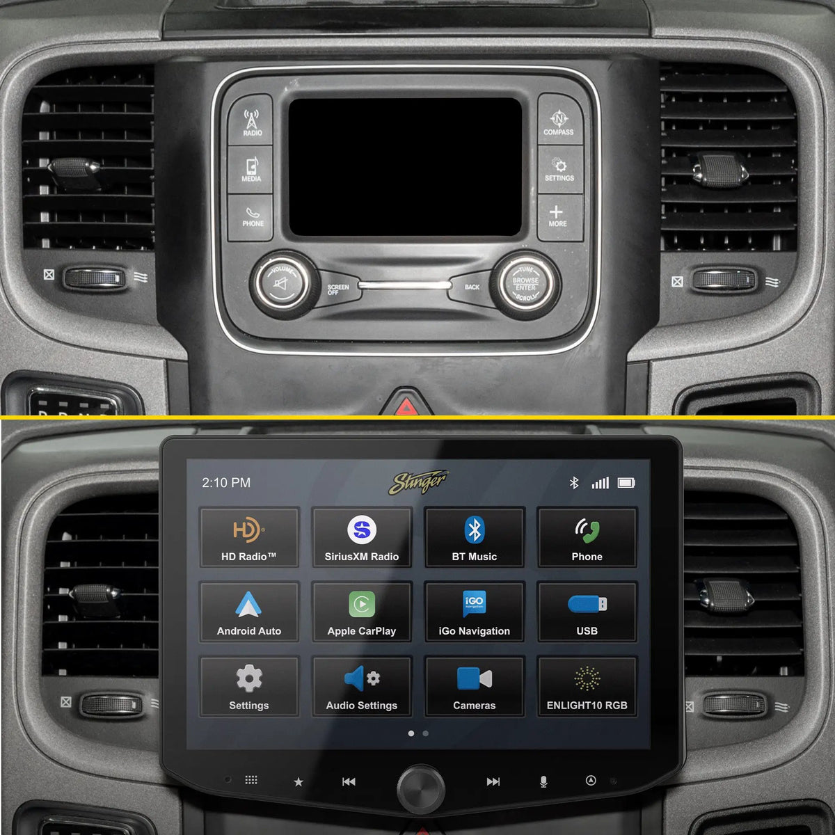 RAM dashboard comparison showing the factory radio above the installed Stinger HORIZON10 touchscreen