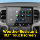 Stinger graphic advertising a weather-resistant 10.1-inch touchscreen, with a note that the radio chassis is not weather-resistant