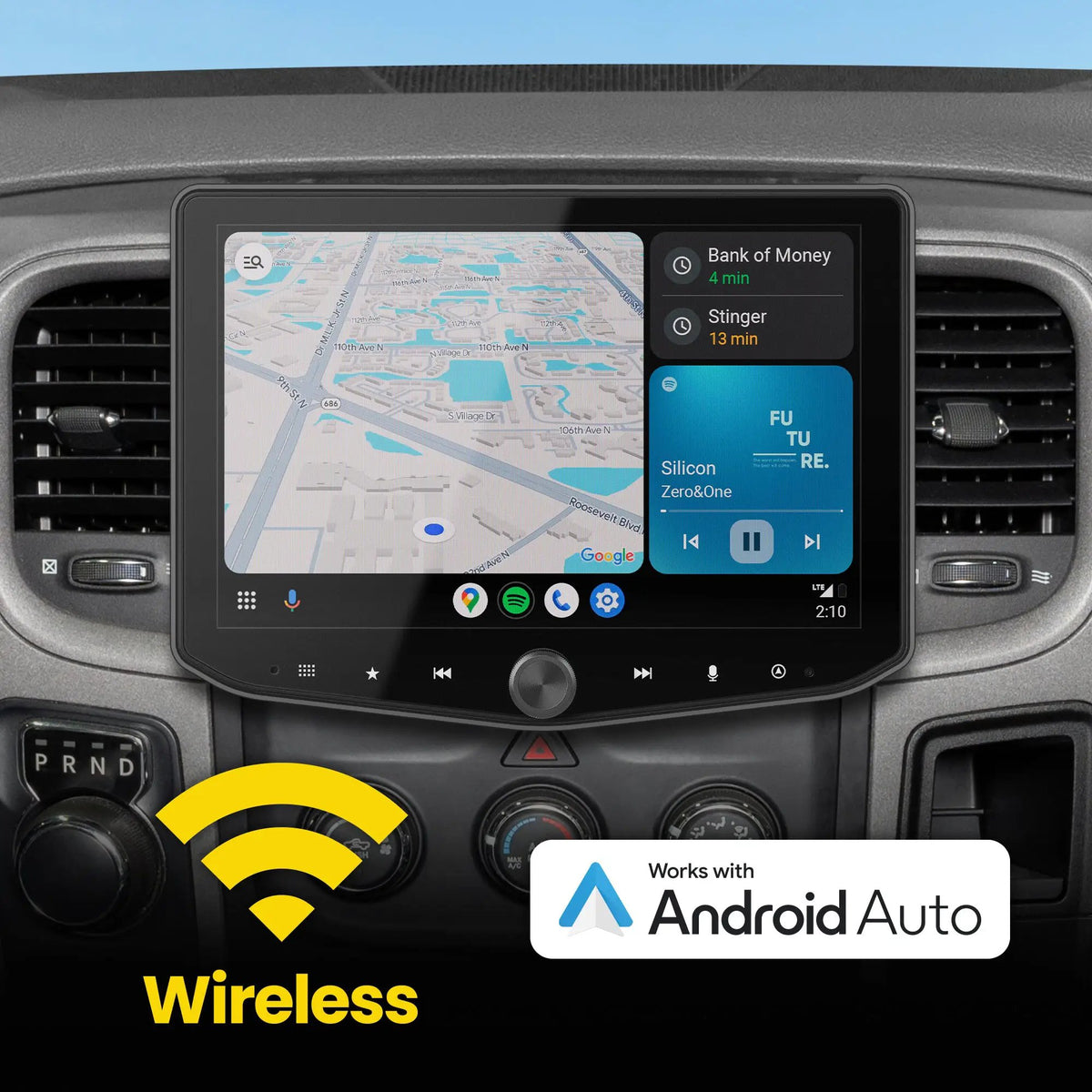 Dashboard-mounted Stinger touchscreen showing maps and music in a wireless Android Auto graphic