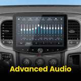 Stinger touchscreen mounted above climate controls, showing its multiband equalizer under an Advanced Audio heading