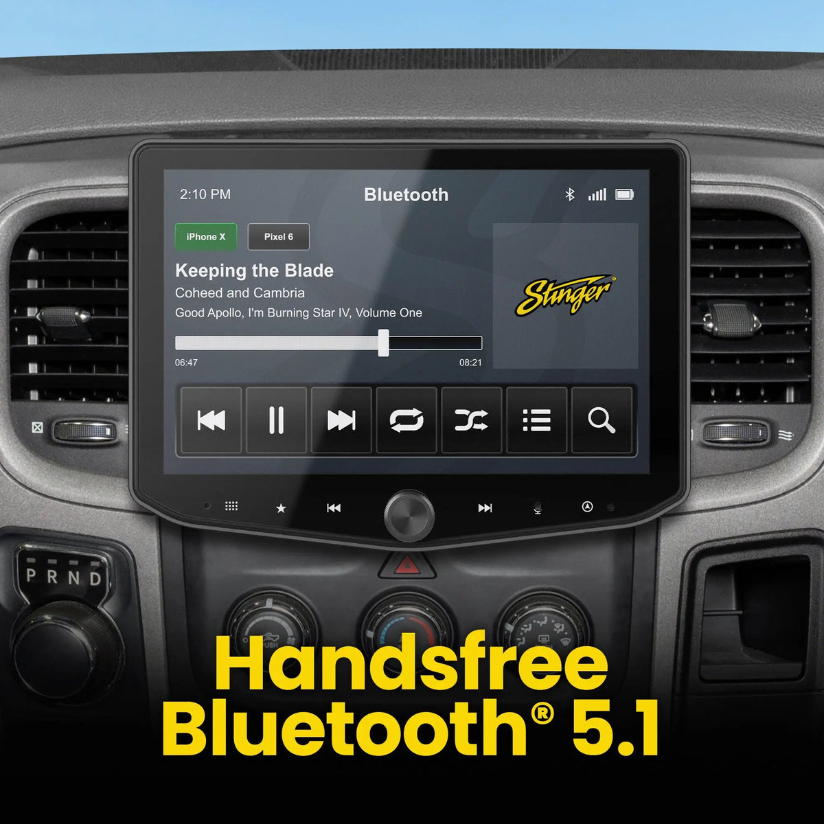 Stinger HORIZON10 in a RAM dashboard showing Bluetooth music playback and hands-free Bluetooth 5.1 callout