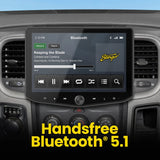 Stinger HORIZON10 in a RAM dashboard showing Bluetooth music playback and hands-free Bluetooth 5.1 callout