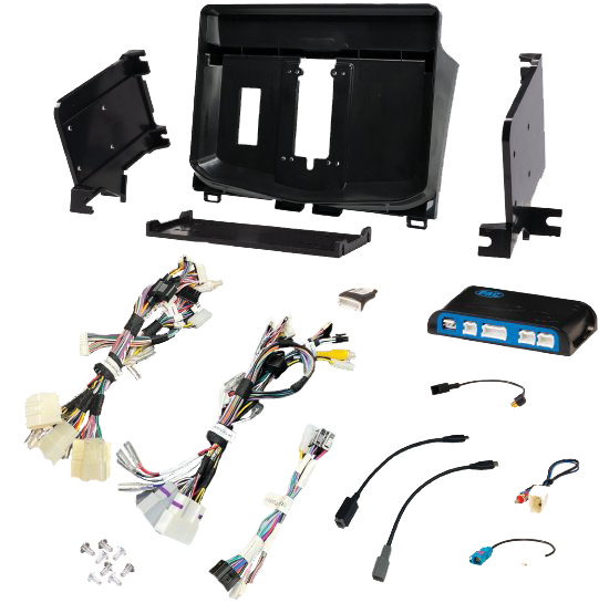 Radio installation components laid out with a dashboard panel, mounting brackets, interface module and wiring adapters