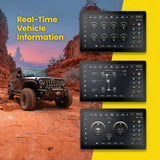 Stinger HORIZON12 vehicle-information graphic showing gauges, drivetrain and off-road screens beside a Jeep