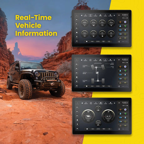 Stinger HORIZON12 vehicle-information graphic showing gauges, drivetrain and off-road screens beside a Jeep
