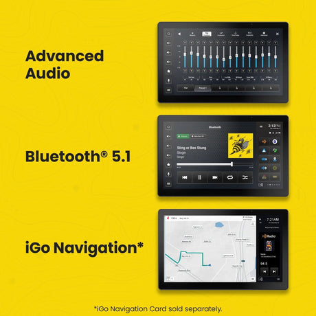 Stinger feature graphic showing audio equalizer, Bluetooth 5.1 and iGo navigation; the iGo navigation card is sold separately