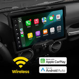Installed Stinger touchscreen showing Apple CarPlay apps in a graphic advertising wireless CarPlay and Android Auto