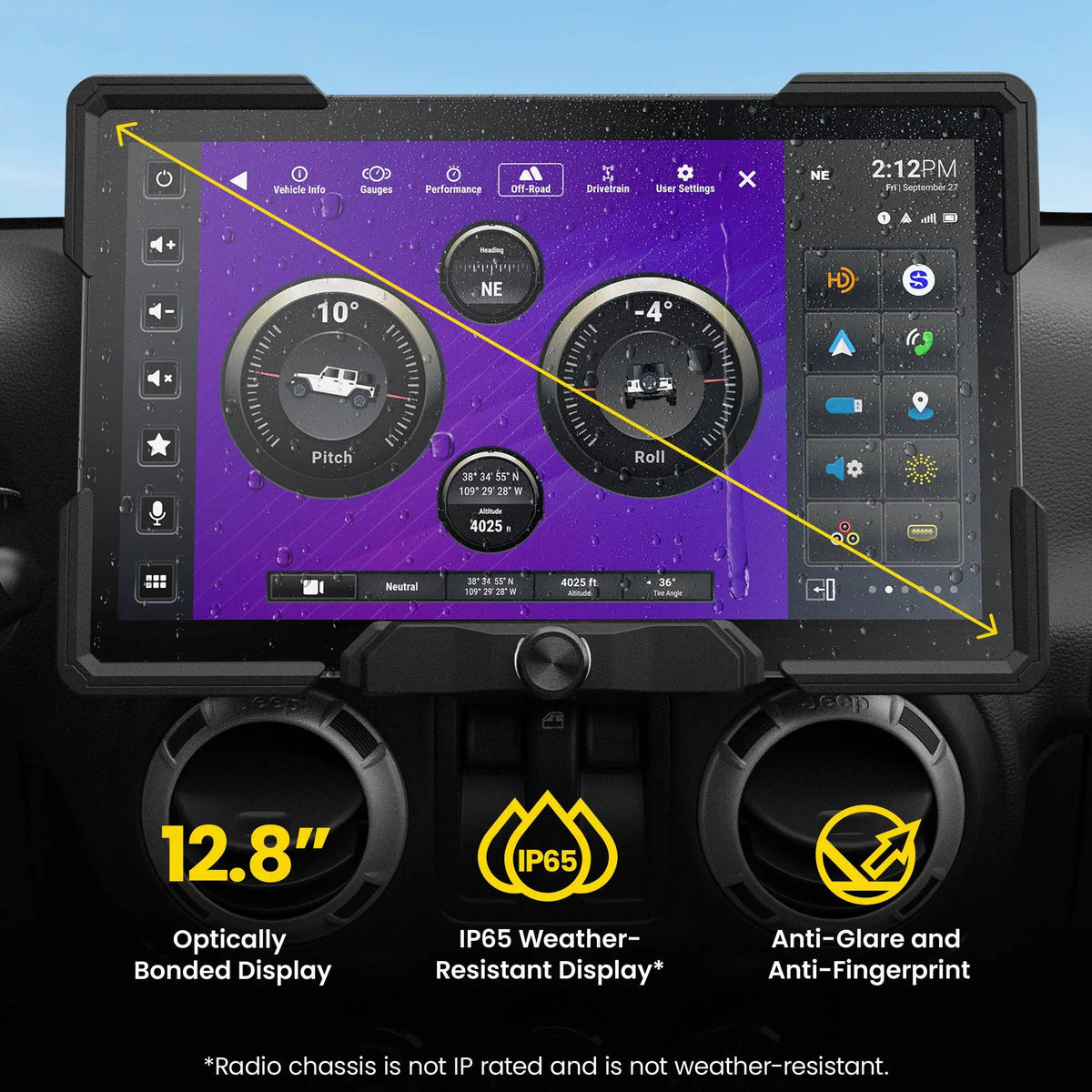 Stinger 12.8-inch display graphic highlighting optical bonding, anti-glare coating and IP65 display protection; radio chassis is not weather-resistant