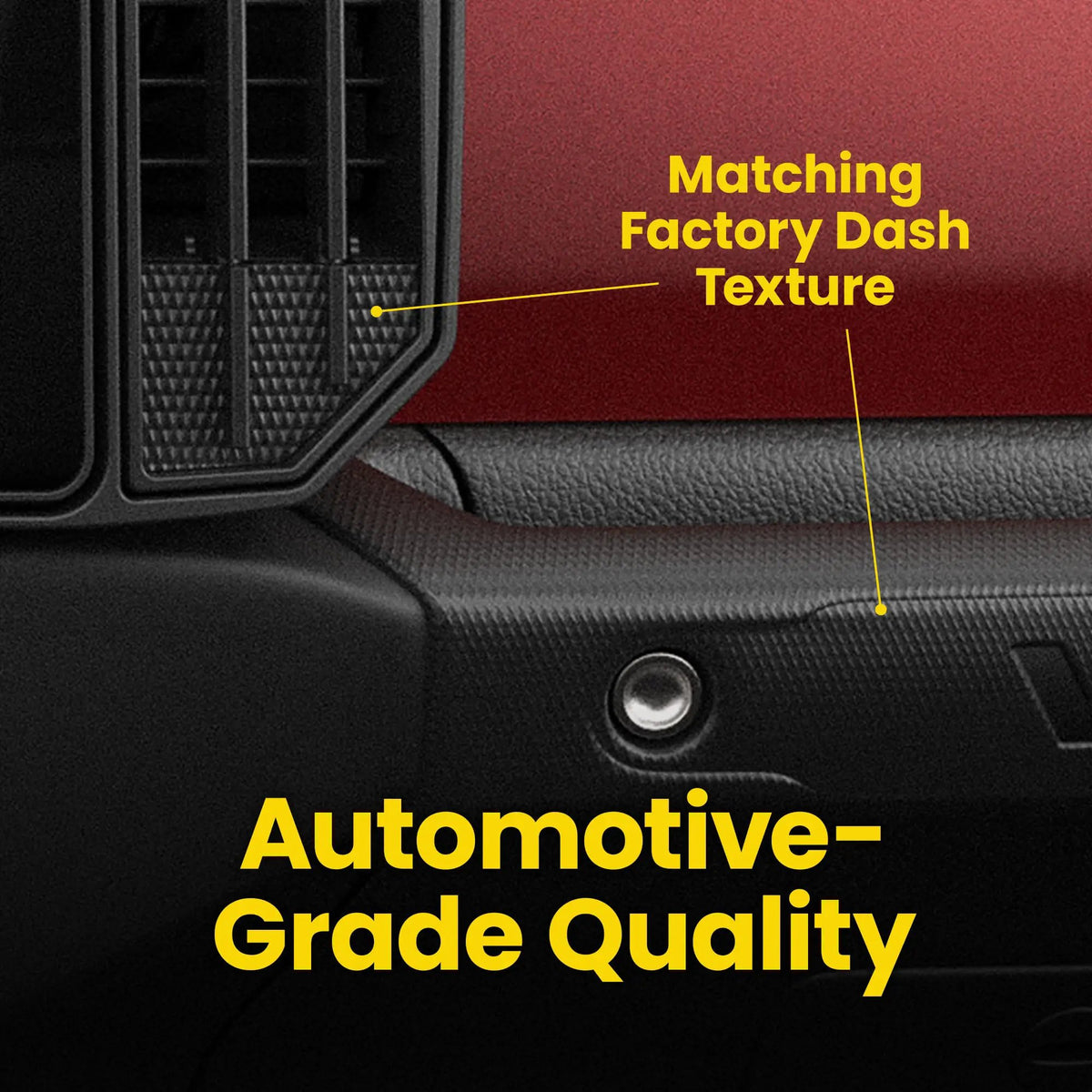 Close-up of the Stinger display's textured trim beside the dashboard, labeled matching factory dash texture