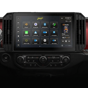 Installed Stinger widescreen touchscreen showing its main menu between vertical dashboard vents