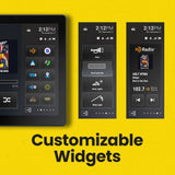 Stinger customizable-widget graphic showing shortcut icons, lighting controls and a radio panel
