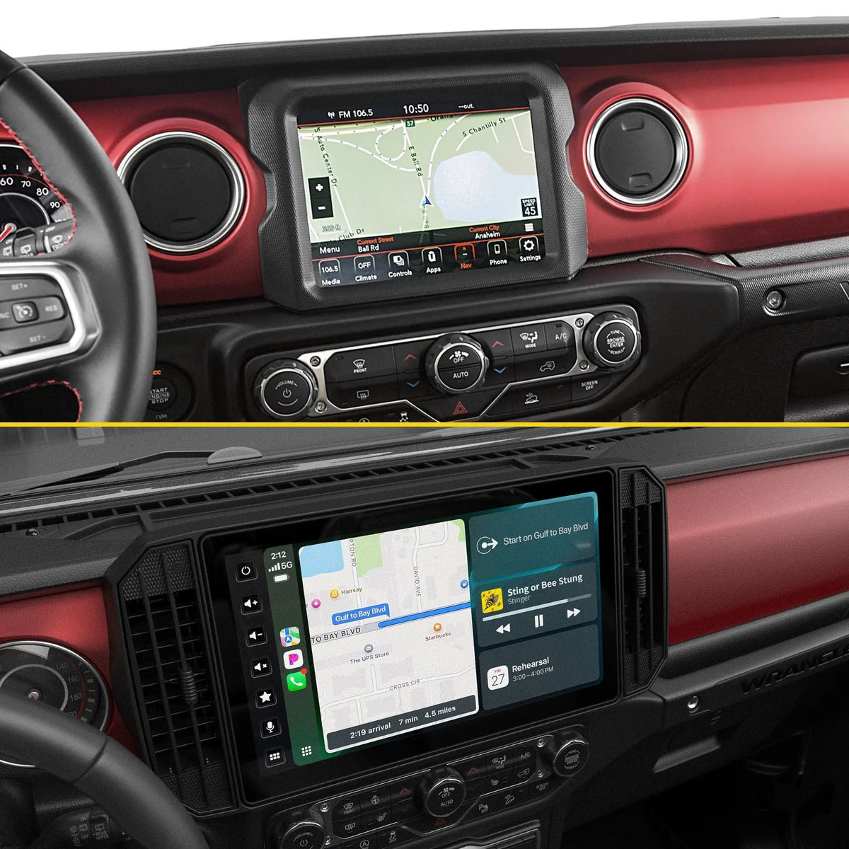Before-and-after dashboard comparison showing the factory touchscreen replaced by a wider Stinger display