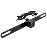 Black backup camera with four LEDs, a long slotted license-plate mounting bracket and an attached cable