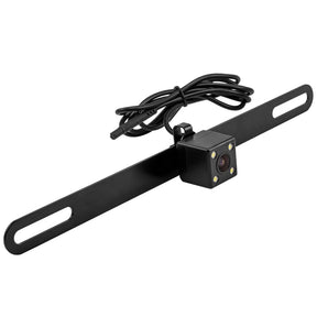 Black backup camera with four LEDs, a long slotted license-plate mounting bracket and an attached cable