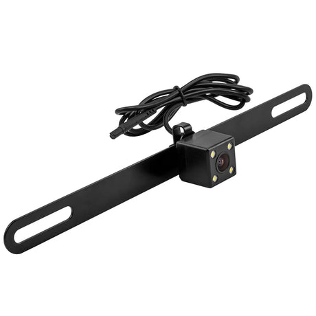 Black backup camera with four LEDs, a long slotted license-plate mounting bracket and an attached cable