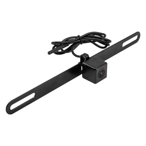 Black backup camera on a long slotted license-plate bracket with a coiled cable