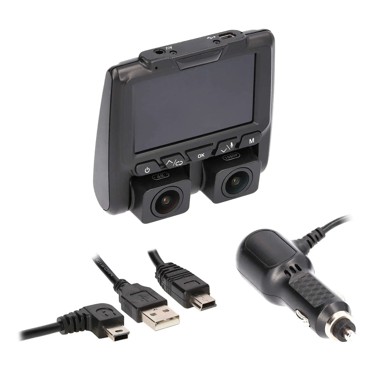 Dual-lens dash camera with a screen, vehicle power adapter and USB cable connectors