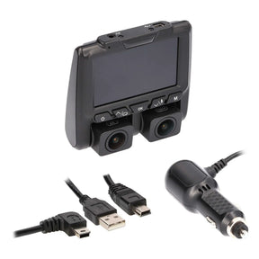 Dual-lens dash camera with a screen, vehicle power adapter and USB cable connectors