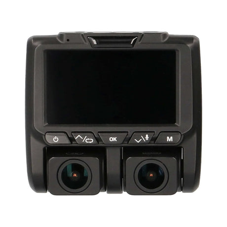 Front view of a dual-lens dash camera with its screen and control buttons