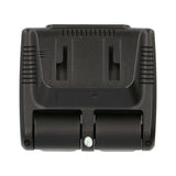 Rear view of a dual-lens dash camera showing mounting slots, ventilation slots and camera housings