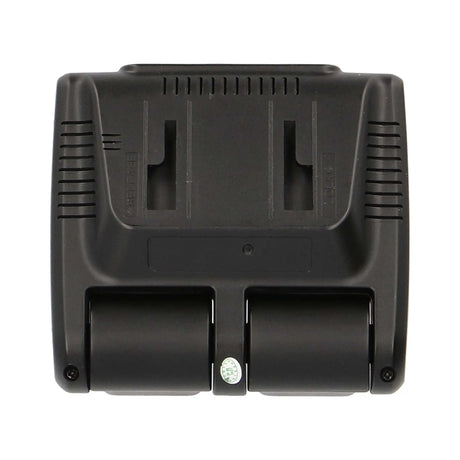 Rear view of a dual-lens dash camera showing mounting slots, ventilation slots and camera housings