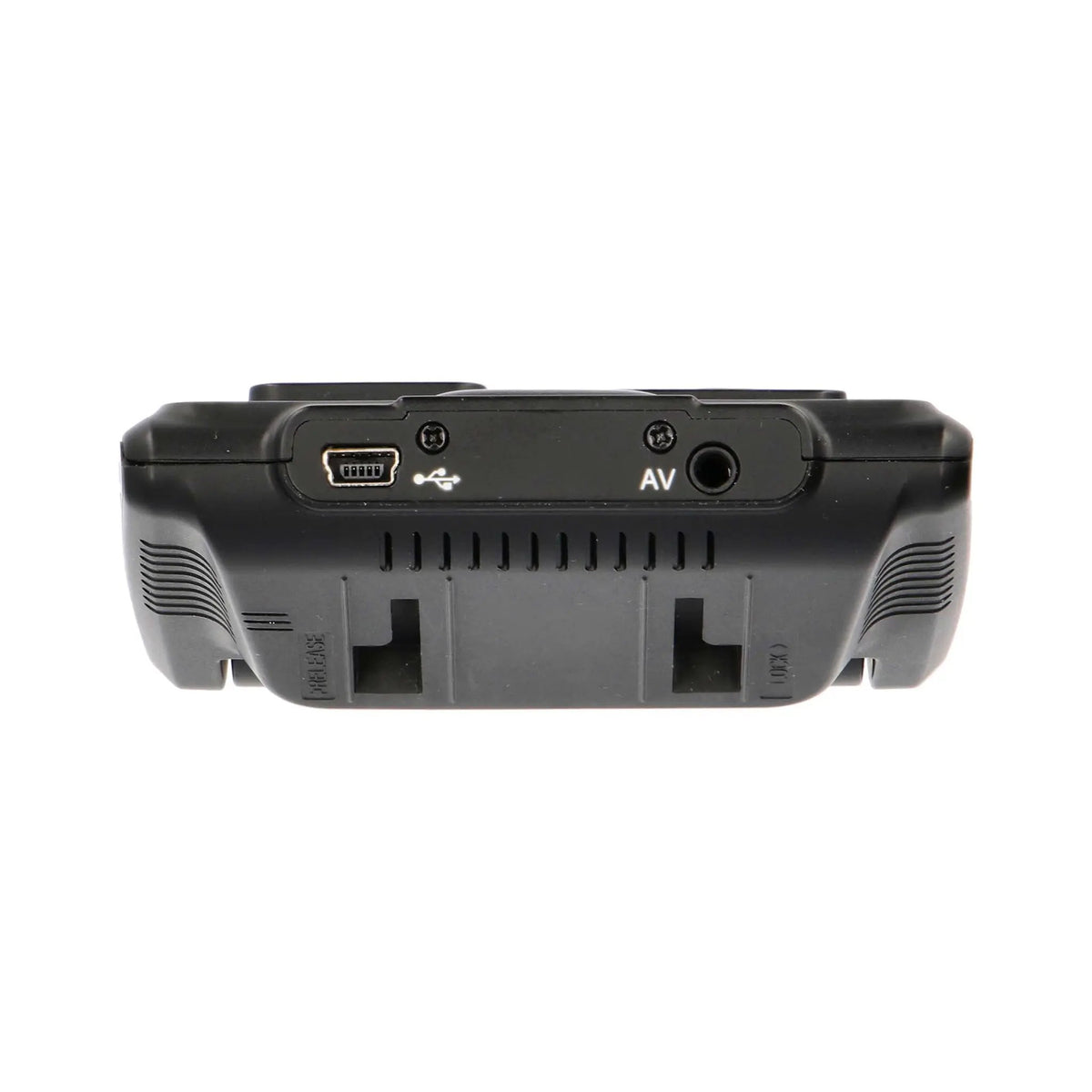 Dash camera top panel showing USB and AV connections above the mounting slots