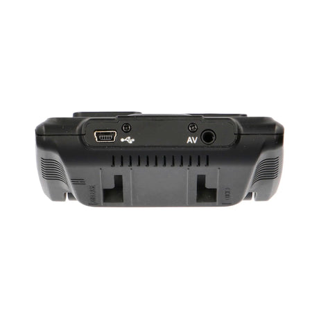 Dash camera top panel showing USB and AV connections above the mounting slots