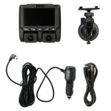 Dual-lens dash camera with a display, suction mount, vehicle power cable and USB cable
