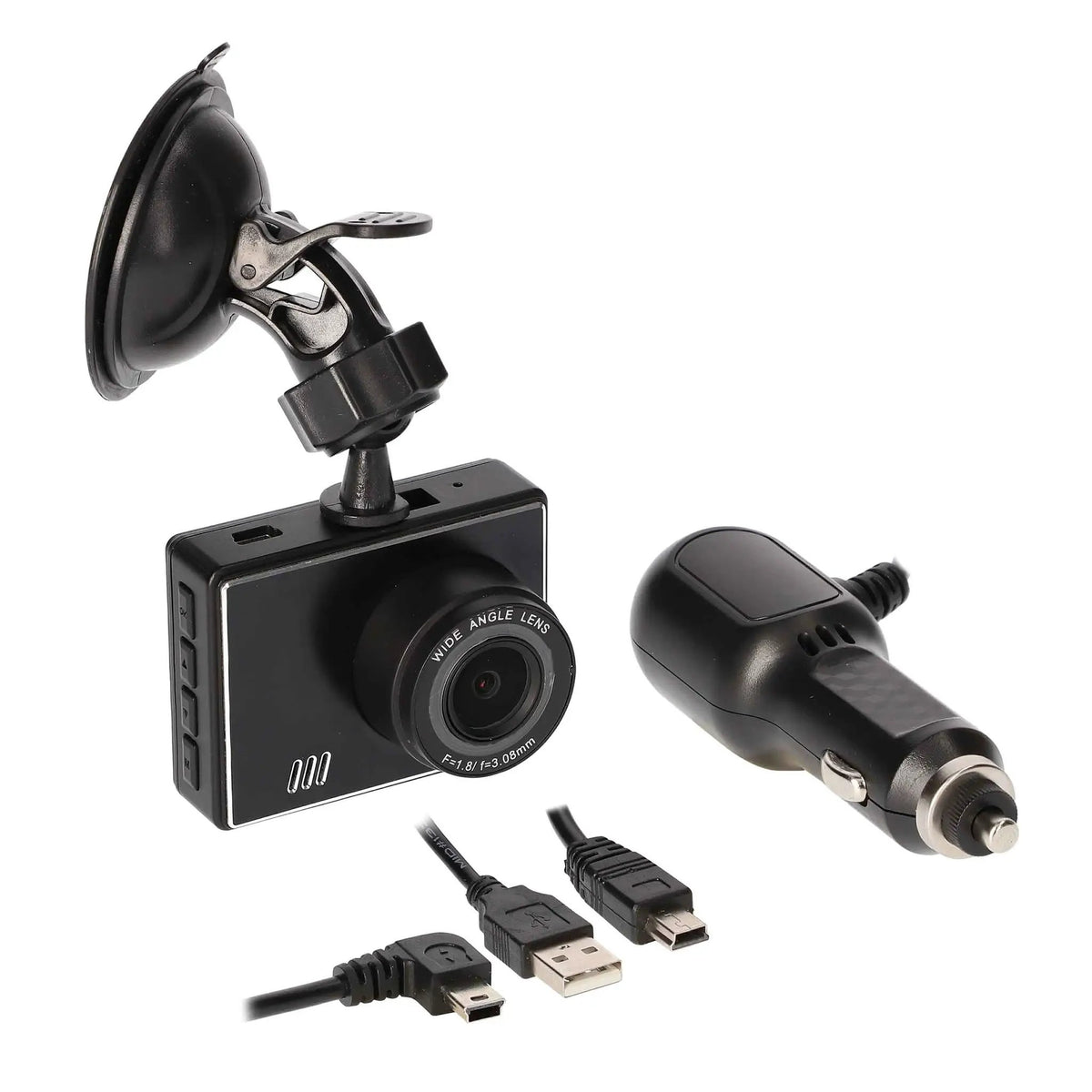 Dash camera with a windshield suction mount, vehicle power adapter and USB cable connectors