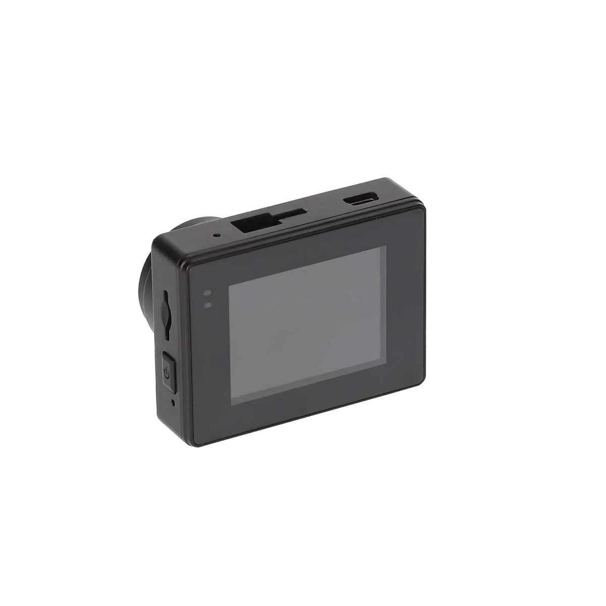 Rear view of a compact dash camera showing its screen and side buttons