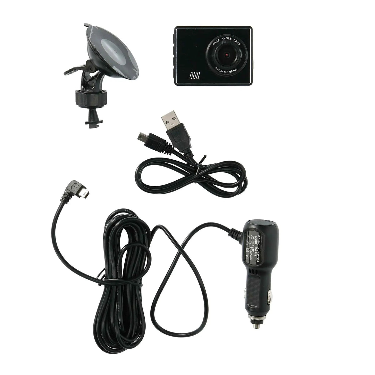 Dash camera laid out with a suction mount, vehicle power lead and USB cable